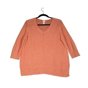 Chicos Sweater Womens 2 Orange V Neck Tunic Pullover 3/4 Sleeve Ribbed Hem Knit